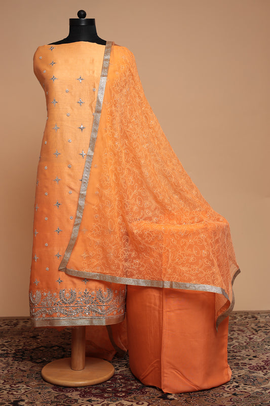 Vibrant Orange Unstitched Chanderi Silk Suit with Heavy Silver Zari Border Work