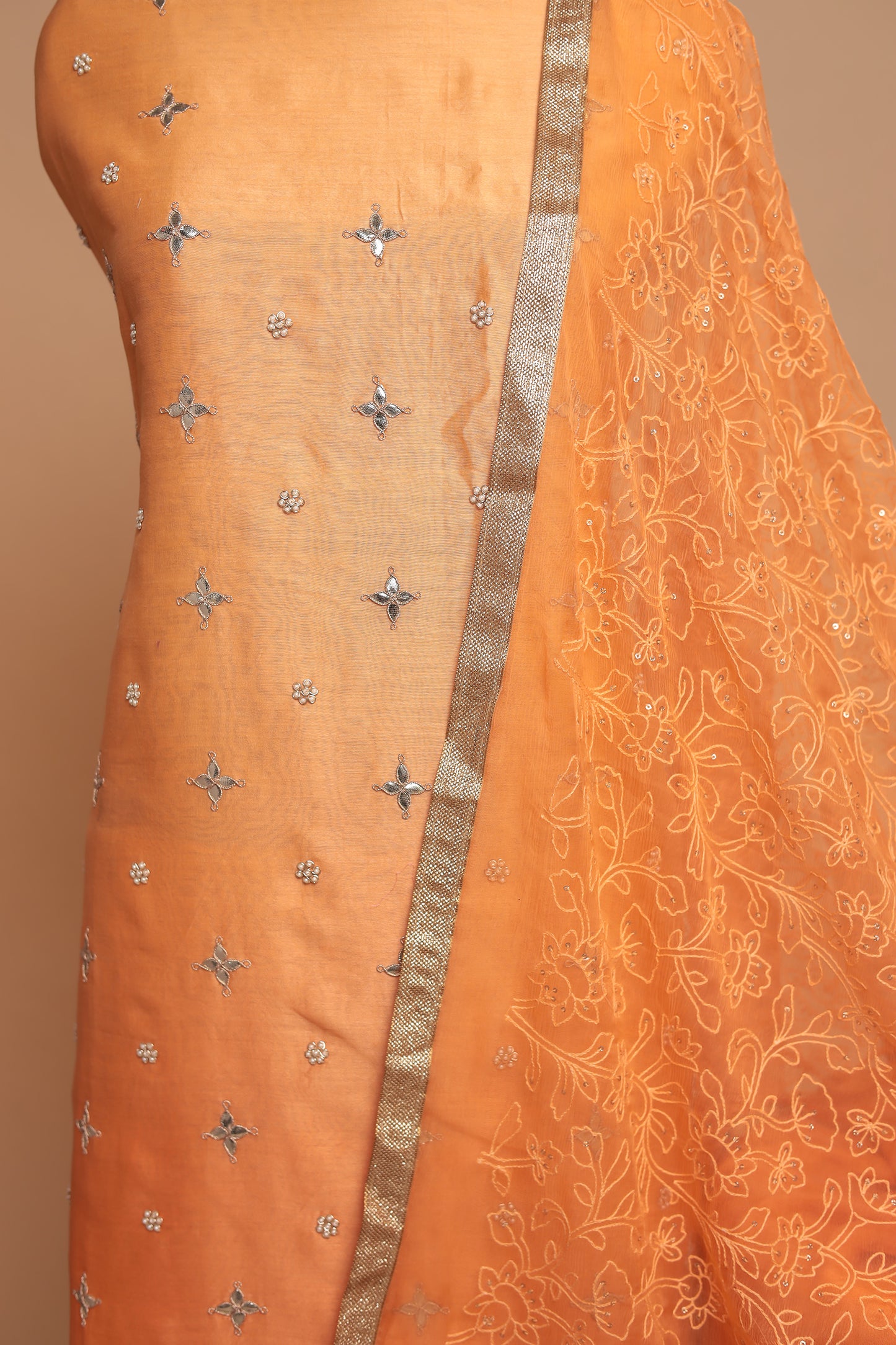 Vibrant Orange Unstitched Chanderi Silk Suit with Heavy Silver Zari Border Work