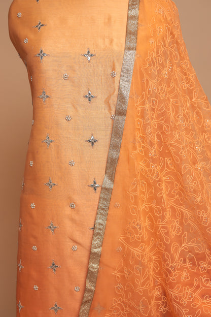Vibrant Orange Unstitched Chanderi Silk Suit with Heavy Silver Zari Border Work