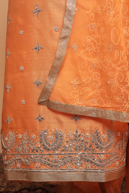 Vibrant Orange Unstitched Chanderi Silk Suit with Heavy Silver Zari Border Work