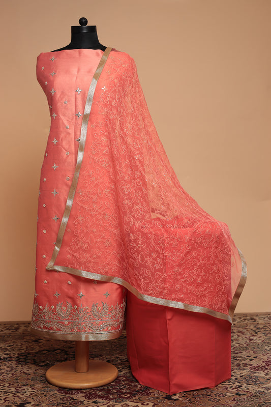 Elegant Peach Unstitched Chanderi Silk Suit with Heavy Silver Border Work