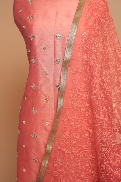 Elegant Peach Unstitched Chanderi Silk Suit with Heavy Silver Border Work