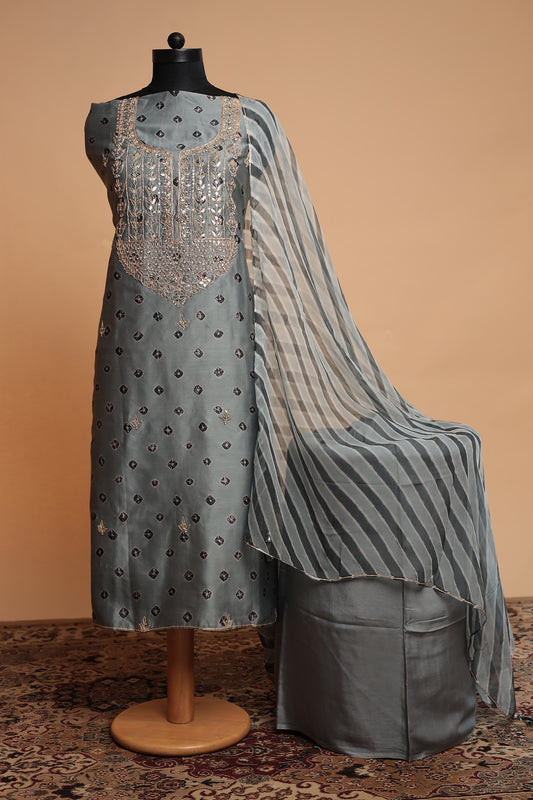 Designer Grey Pure Silk Suit Set with Heavy Mirror Work Neckline & Bandhani Print