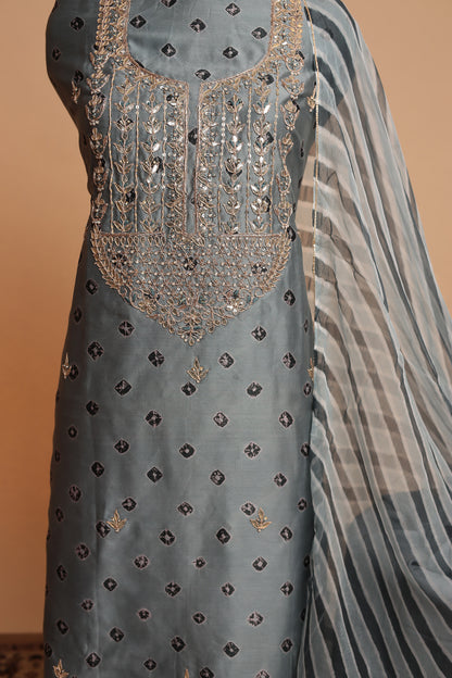 Designer Grey Pure Silk Suit Set with Heavy Mirror Work Neckline & Bandhani Print