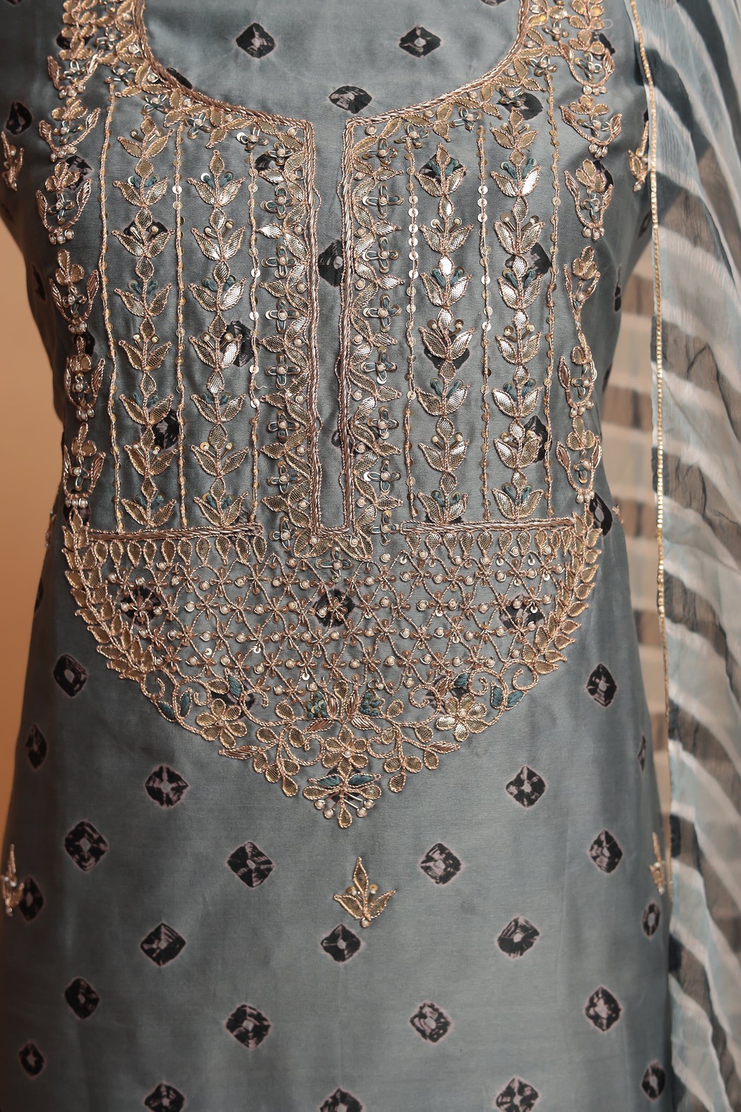 Designer Grey Pure Silk Suit Set with Heavy Mirror Work Neckline & Bandhani Print