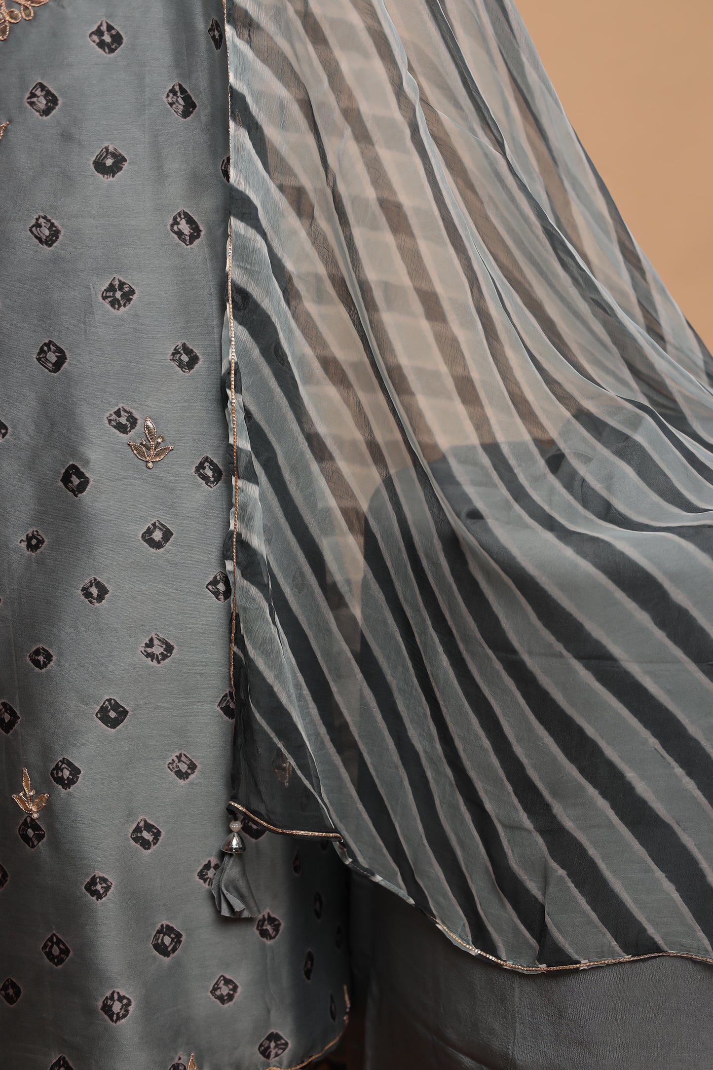 Designer Grey Pure Silk Suit Set with Heavy Mirror Work Neckline & Bandhani Print