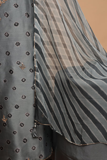 Designer Grey Pure Silk Suit Set with Heavy Mirror Work Neckline & Bandhani Print