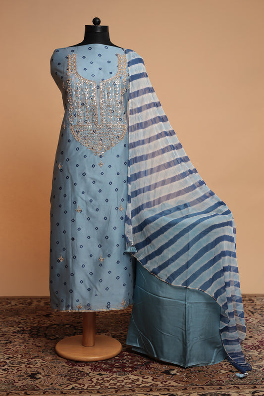 Dusty Blue Pure Silk Suit with Heavy Mirror Work Neckline and Striped Dupatta