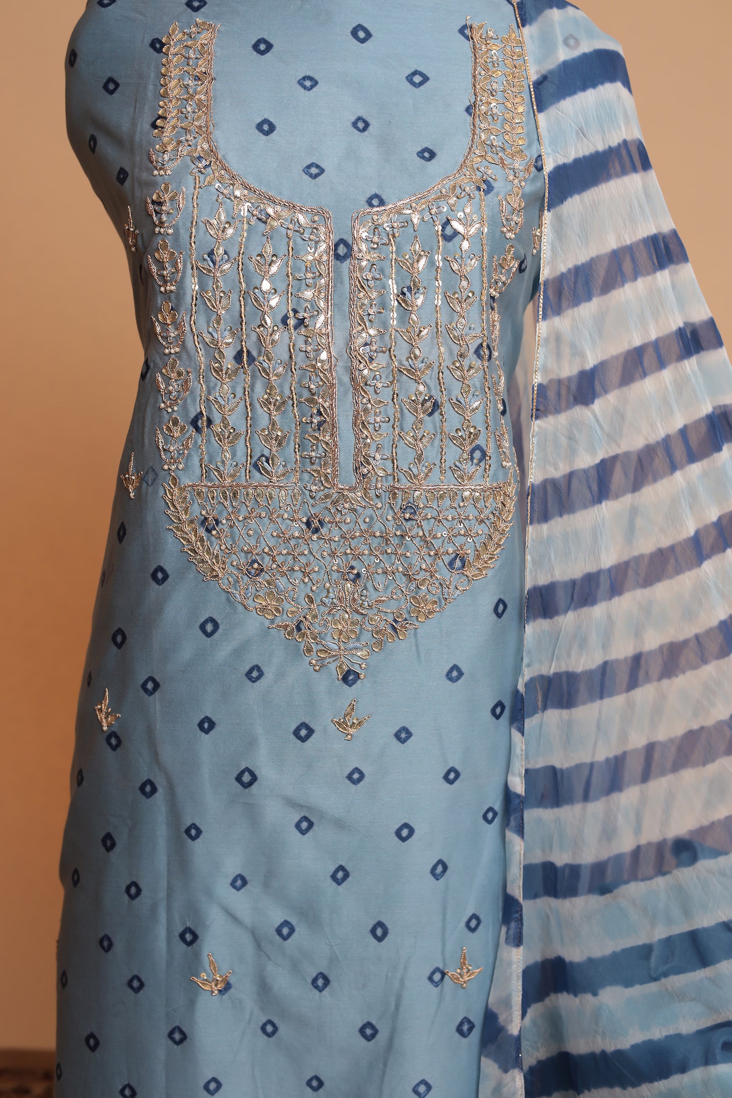 Dusty Blue Pure Silk Suit with Heavy Mirror Work Neckline and Striped Dupatta