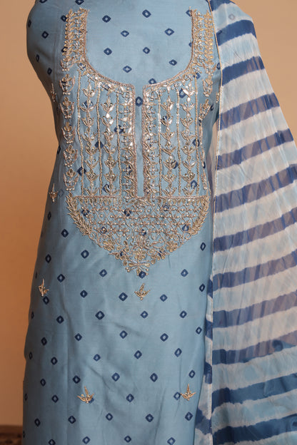 Dusty Blue Pure Silk Suit with Heavy Mirror Work Neckline and Striped Dupatta