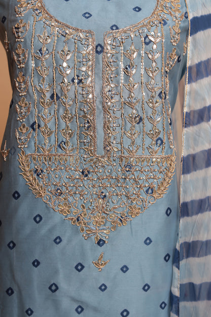 Dusty Blue Pure Silk Suit with Heavy Mirror Work Neckline and Striped Dupatta