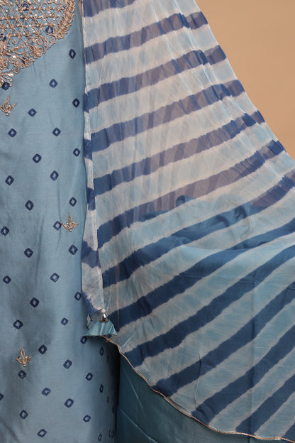 Dusty Blue Pure Silk Suit with Heavy Mirror Work Neckline and Striped Dupatta