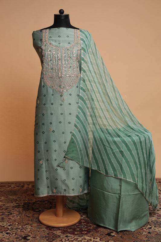 Sage Green Pure Silk Suit with Heavy Mirror Work Neckline & Striped Dupatta Set