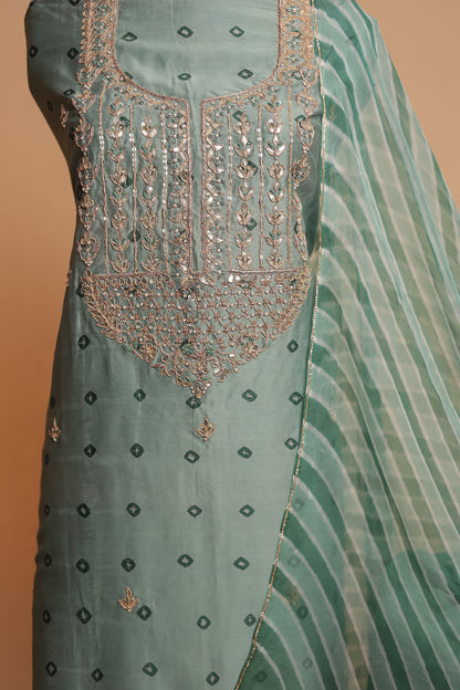 Sage Green Pure Silk Suit with Heavy Mirror Work Neckline & Striped Dupatta Set