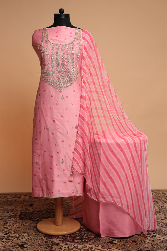 Light Pink Pure Silk Unstitched Suit with Heavy Mirror Work & Striped Dupatta  Export to Sheets