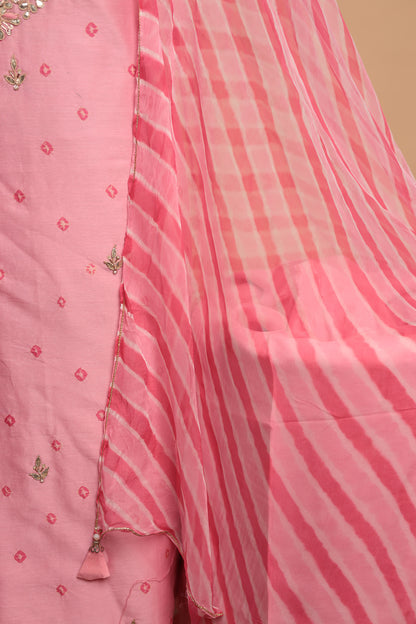 Light Pink Pure Silk Unstitched Suit with Heavy Mirror Work & Striped Dupatta  Export to Sheets