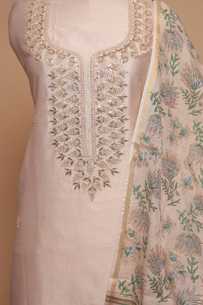 Elegant Light Peach Pure Silk Unstitched Suit with Heavy Zari Work and Floral Printed Dupatta