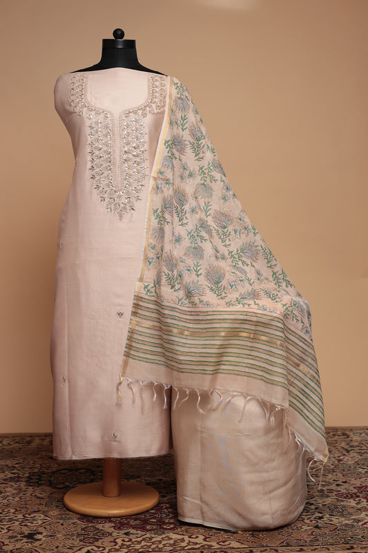 Elegant Light Peach Pure Silk Unstitched Suit with Heavy Zari Work and Floral Printed Dupatta