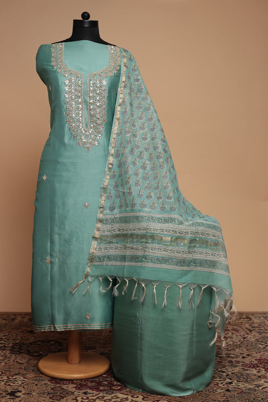 Pastel Blue Chanderi Silk Unstitched Suit Material with Heavy Dupatta | Festive & Party Wear
