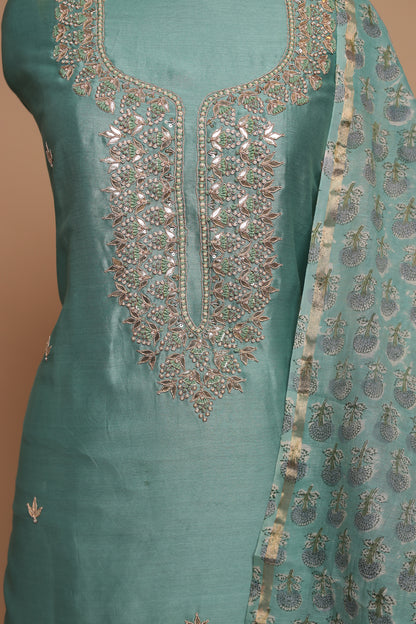 Pastel Blue Chanderi Silk Unstitched Suit Material with Heavy Dupatta | Festive & Party Wear