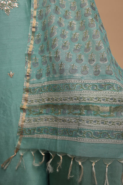 Pastel Blue Chanderi Silk Unstitched Suit Material with Heavy Dupatta | Festive & Party Wear