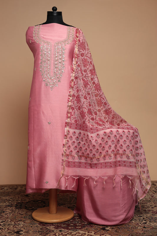 Luxury Light Pink Unstitched Suit Set - Silk Blend & Embroidered Net Dupatta