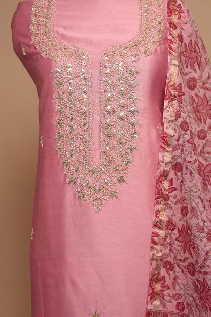 Luxury Light Pink Unstitched Suit Set - Silk Blend & Embroidered Net Dupatta