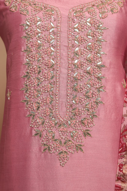 Luxury Light Pink Unstitched Suit Set - Silk Blend & Embroidered Net Dupatta