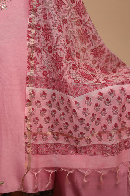 Luxury Light Pink Unstitched Suit Set - Silk Blend & Embroidered Net Dupatta