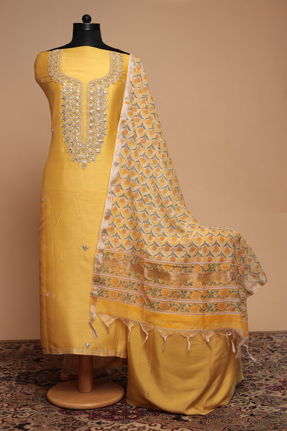 Haldi Yellow Silk Suit Set with Embellished Neckline and Floral Print Dupatta