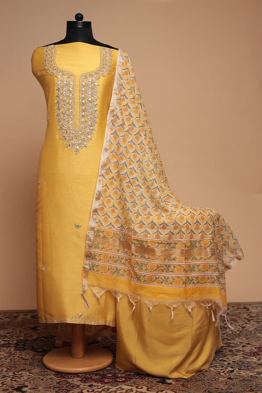Haldi Yellow Silk Suit Set with Embellished Neckline and Floral Print Dupatta