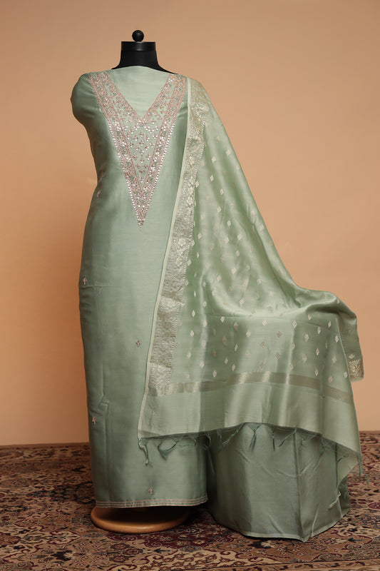 Pastel Green Unstitched Suit | Sequin Work Chanderi Dress Material