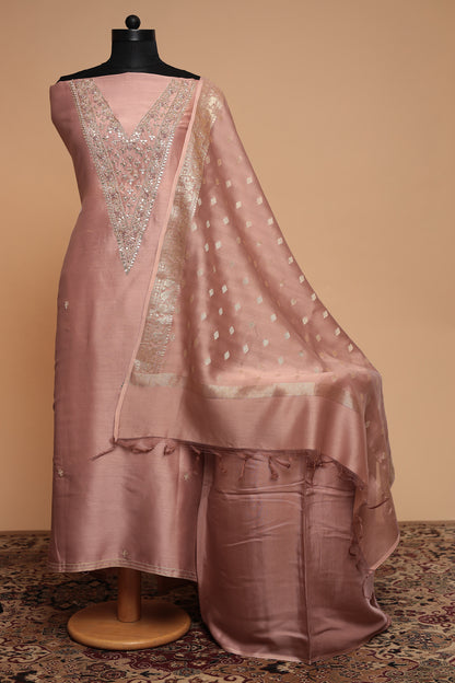 Pastel Chanderi Unstitched Salwar Suit: Light Pink, Pista Green & Gold | Intricate Neck Handwork & Woven Dupatta