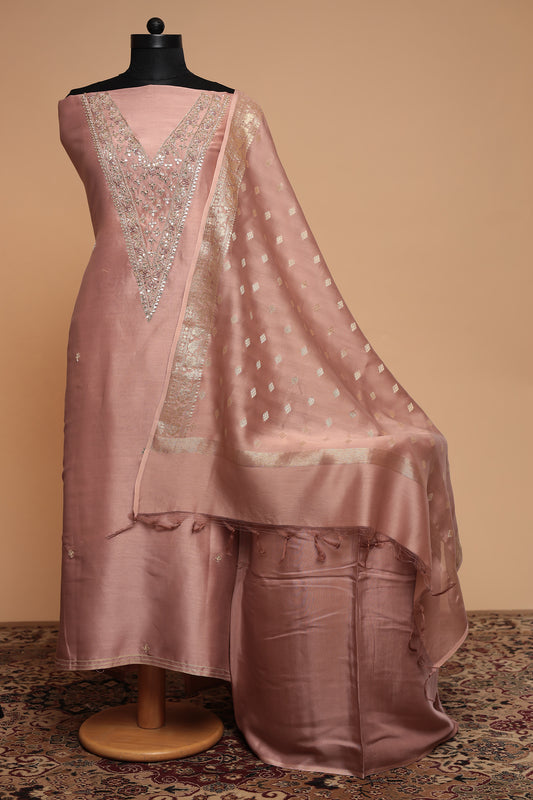 Pastel Chanderi Unstitched Salwar Suit: Light Pink, Pista Green & Gold | Intricate Neck Handwork & Woven Dupatta
