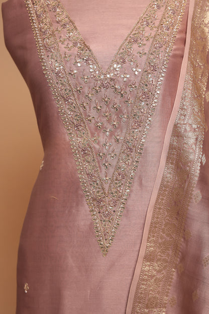 Pastel Chanderi Unstitched Salwar Suit: Light Pink, Pista Green & Gold | Intricate Neck Handwork & Woven Dupatta