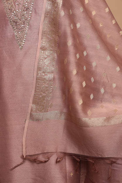 Pastel Chanderi Unstitched Salwar Suit: Light Pink, Pista Green & Gold | Intricate Neck Handwork & Woven Dupatta