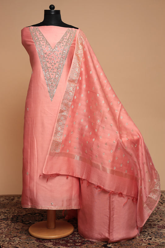 Luxury Chanderi Silk Unstitched Suit Set with Heavy Sequin & Resham Neck Embroidery