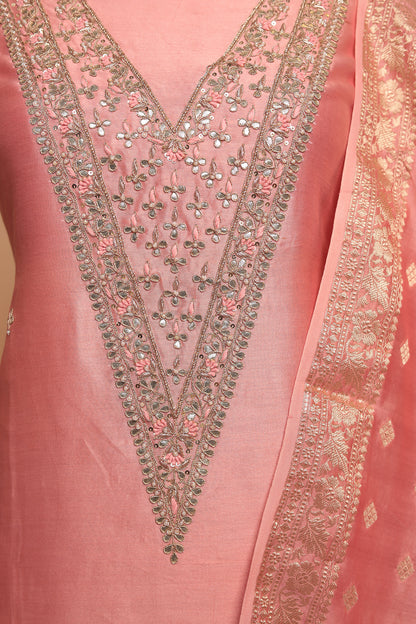 Luxury Chanderi Silk Unstitched Suit Set with Heavy Sequin & Resham Neck Embroidery