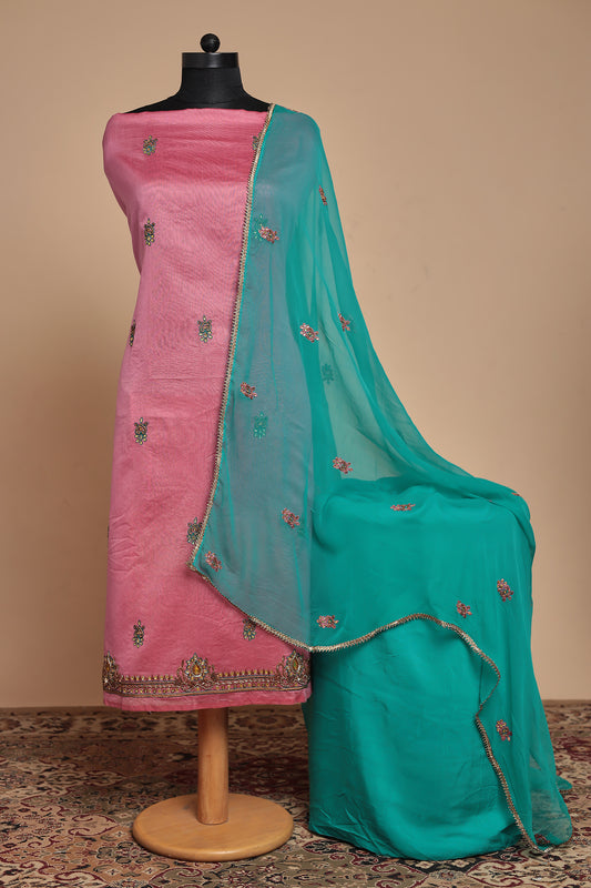 Pink Chanderi Silk Unstitched Suit Set, Embroidered Salwar Kameez Material