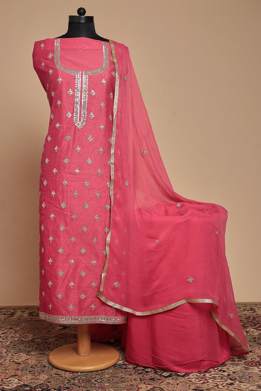 Vibrant Rani Pink Unstitched Suit Set with Gota Work & Dupatta | Luxurious Festive & Party Wear Salwar Kameez Material