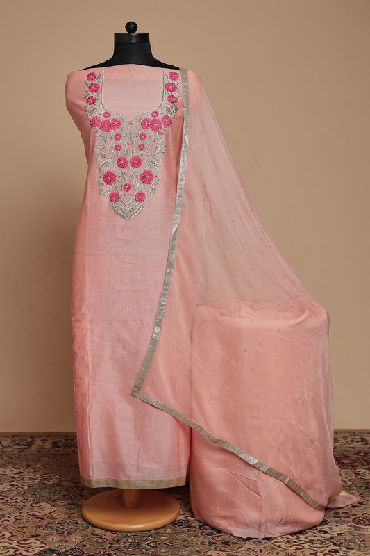 Rani Pink Silk Blend Embroidered Unstitched Suit Set | Festive Wear 3-Piece Dress Material