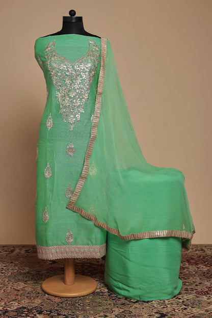 Mint Green Chanderi Silk Unstitched Salwar Suit Set with Elegant Silver Zari Embroidery & Dupatta