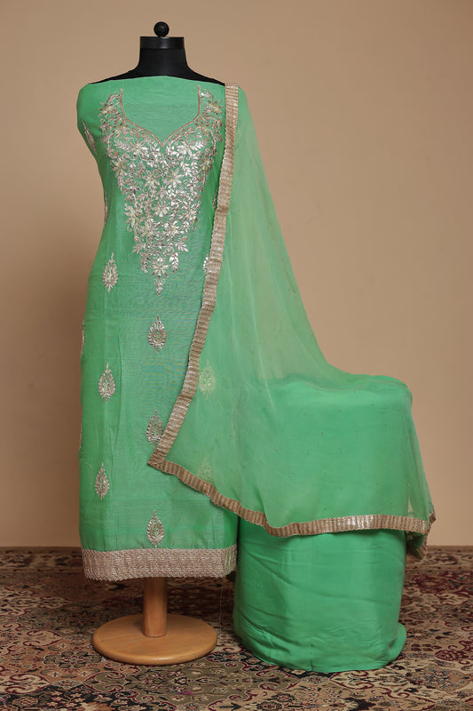 Mint Green Chanderi Silk Unstitched Salwar Suit Set with Elegant Silver Zari Embroidery & Dupatta