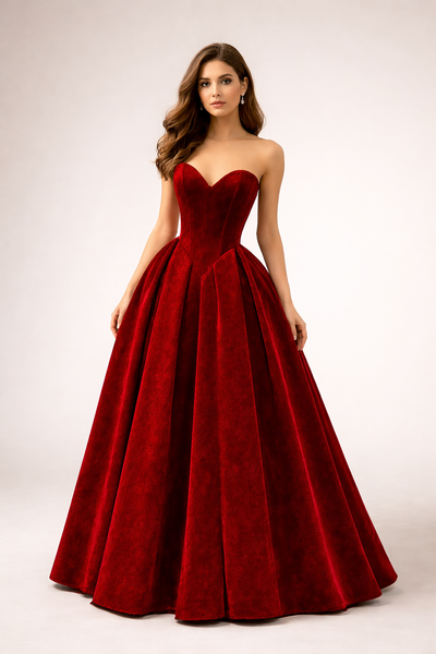 Deep Wine Velvet Western Wedding Dress for Women – Strapless Bridal Gown with Two Height Options
