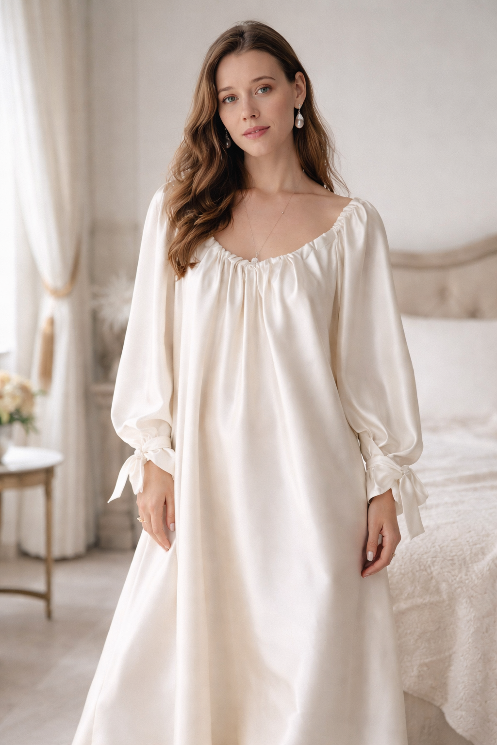 Blush Pink Silk Satin Nightgown Dress — Backless Bow Robe, Luxury Bridal Nightwear, Elegant Long Sleeve Lounge Dress for Women