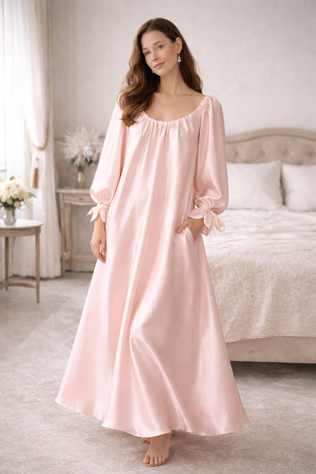 Blush Pink Silk Satin Nightgown Dress — Backless Bow Robe, Luxury Bridal Nightwear, Elegant Long Sleeve Lounge Dress for Women