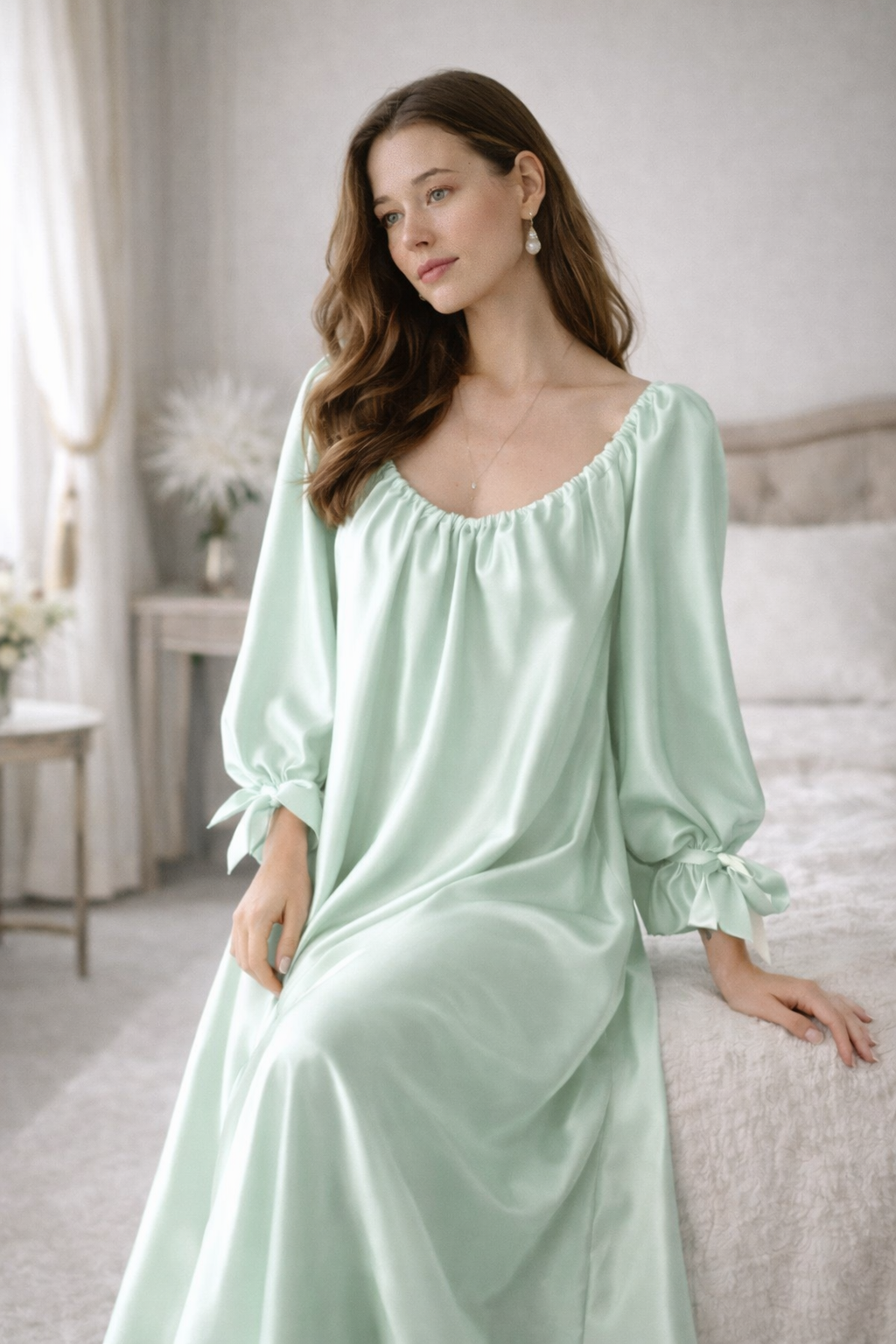 Blush Pink Silk Satin Nightgown Dress — Backless Bow Robe, Luxury Bridal Nightwear, Elegant Long Sleeve Lounge Dress for Women