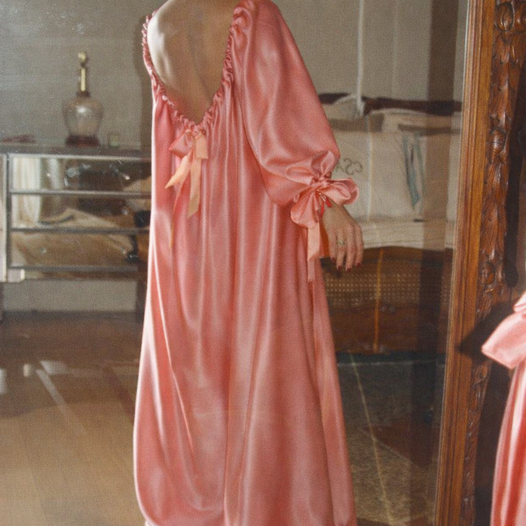 Blush Pink Silk Satin Nightgown Dress — Backless Bow Robe, Luxury Bridal Nightwear, Elegant Long Sleeve Lounge Dress for Women