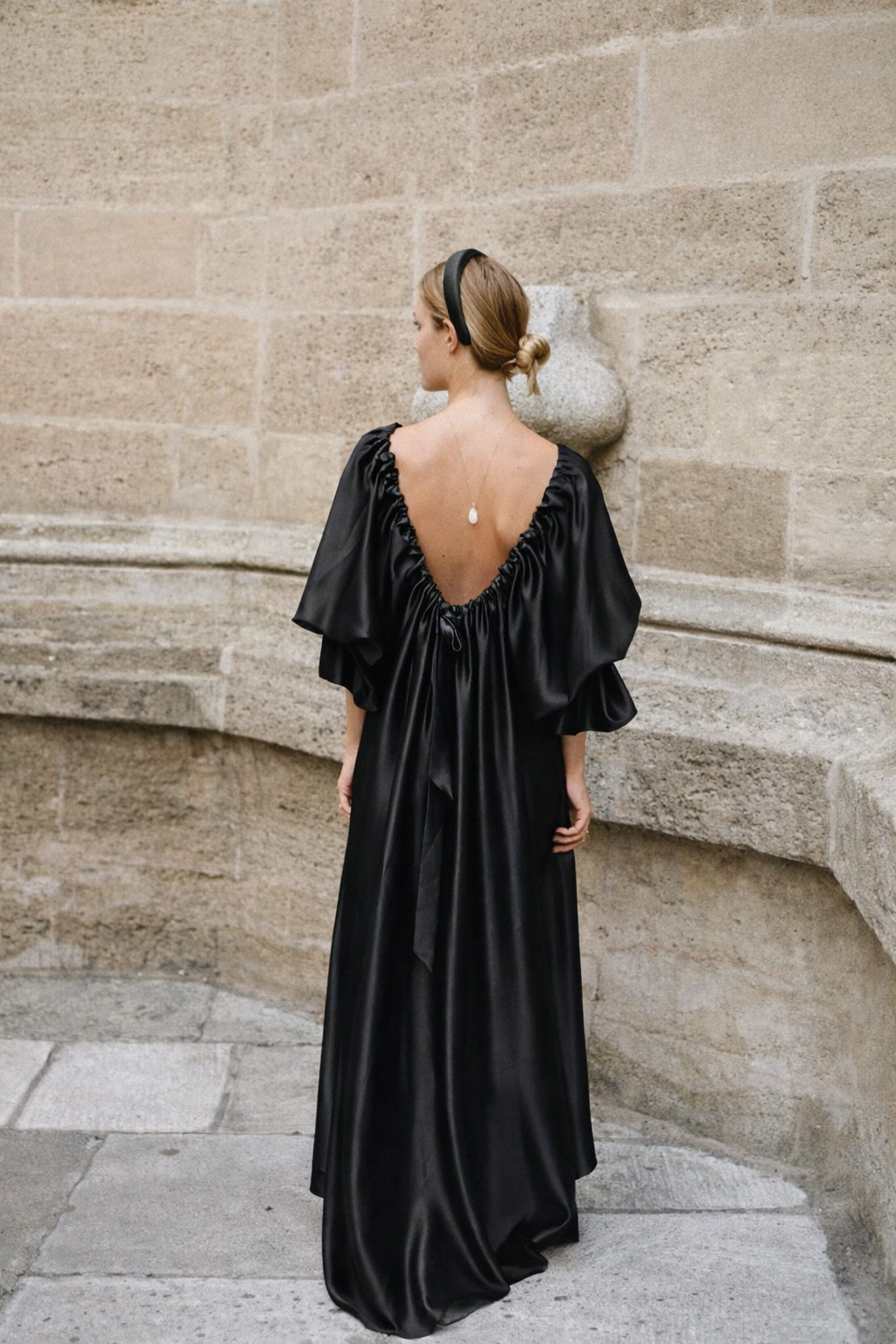 Blush Pink Silk Satin Nightgown Dress — Backless Bow Robe, Luxury Bridal Nightwear, Elegant Long Sleeve Lounge Dress for Women