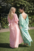 Blush Pink Silk Satin Nightgown Dress — Backless Bow Robe, Luxury Bridal Nightwear, Elegant Long Sleeve Lounge Dress for Women